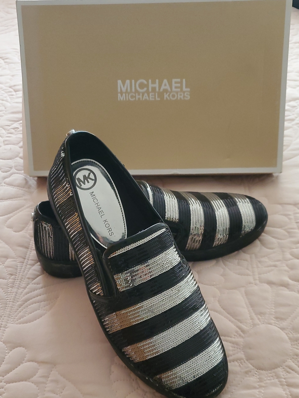 Michael Kors Black and Silver Striped Slip-On Loafers